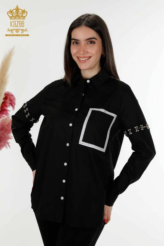 Großhandel Damenhemd Zweifarbig Schwarz Weiß - 20310 | KAZEE