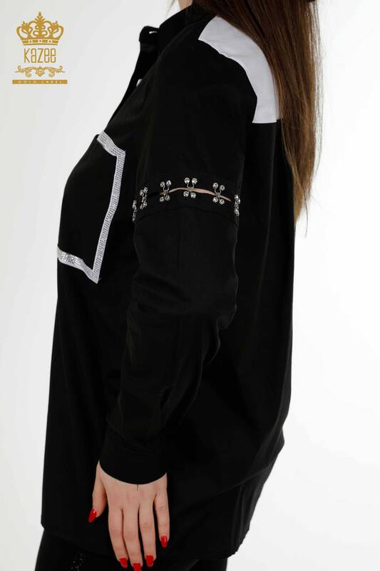 Großhandel Damenhemd Zweifarbig Schwarz Weiß - 20310 | KAZEE