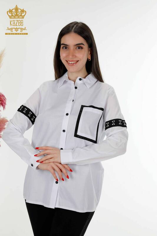 Großhandel Damenhemd Zweifarbig Weiß Schwarz - 20310 | KAZEE