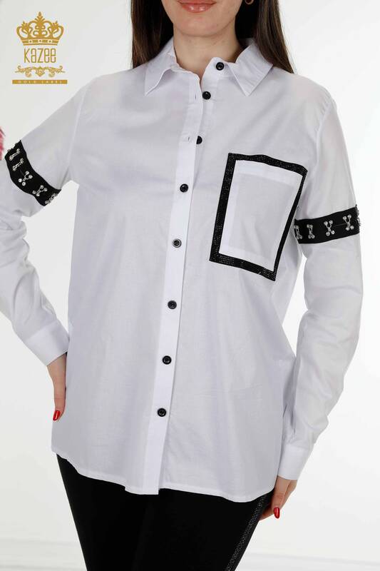 Großhandel Damenhemd Zweifarbig Weiß Schwarz - 20310 | KAZEE