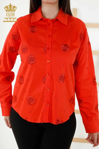 Großhandel Damenhemd - Blumen bestickt - Orange - 20394 | KAZEE - Thumbnail