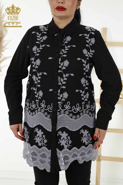 Großhandel Damenhemd - Blumenstickerei - Schwarz - 20354 | KAZEE - Thumbnail