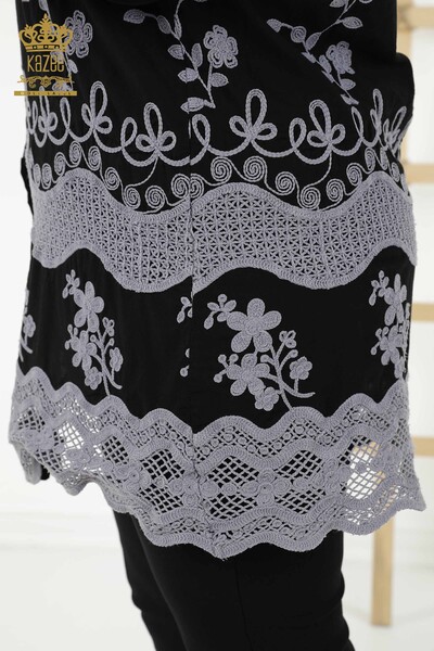 Großhandel Damenhemd - Blumenstickerei - Schwarz - 20354 | KAZEE - Thumbnail