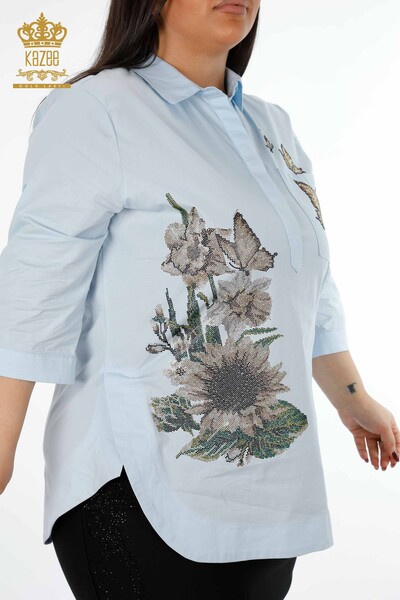 Großhandel Damenhemd - Florales Schmetterlings muster Bestickt mit Steinen - Baumwolle - 20128 | KAZEE - Thumbnail
