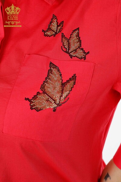 Großhandel Damenhemd - Florales Schmetterlings muster Bestickt mit Steinen - Baumwolle - 20128 | KAZEE - Thumbnail