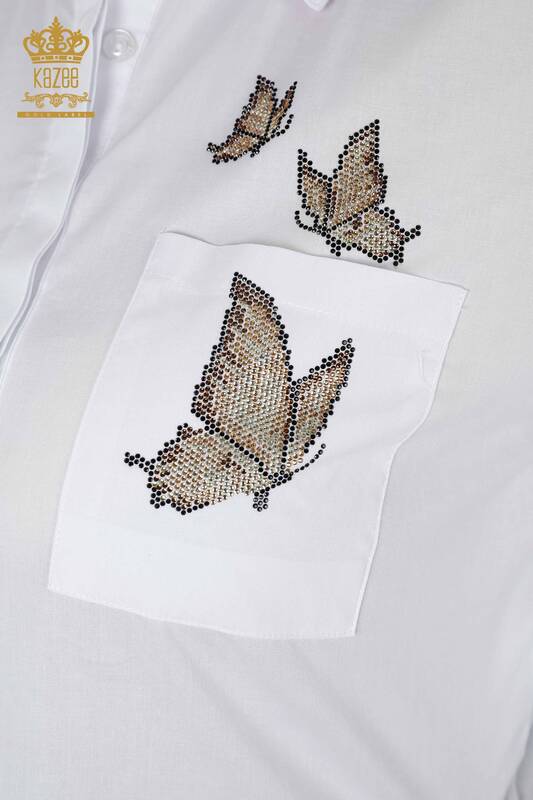 Großhandel Damenhemd - Florales Schmetterlings muster Bestickt mit Steinen - Baumwolle - 20128 | KAZEE