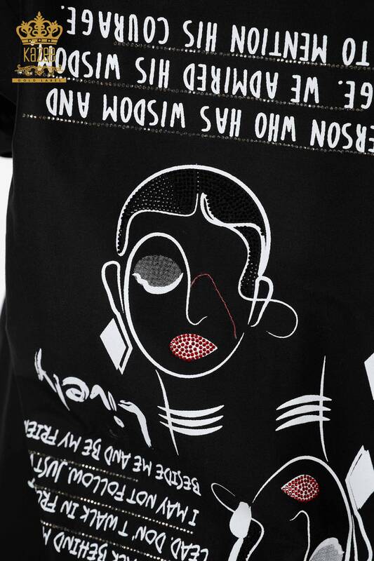 Großhandel Damenhemd - gemustert - Text mit detailliertem schwarz - 17141 | KAZEE