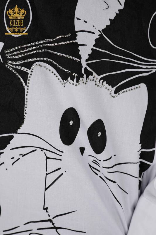 Großhandel Damenhemd - Katze Gemustert Weiß - 20318 | KAZEE