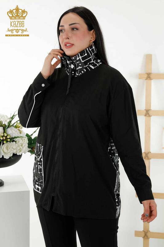 Großhandel Damenhemden Mit Reißverschluss Taschen Schwarz - 20315 | KAZEE
