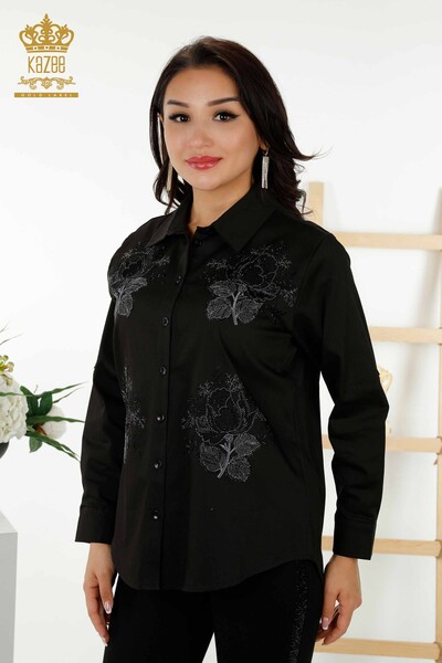 Großhandel Damenhemd - Rosen muster - Schwarz - 20243 | KAZEE - Thumbnail