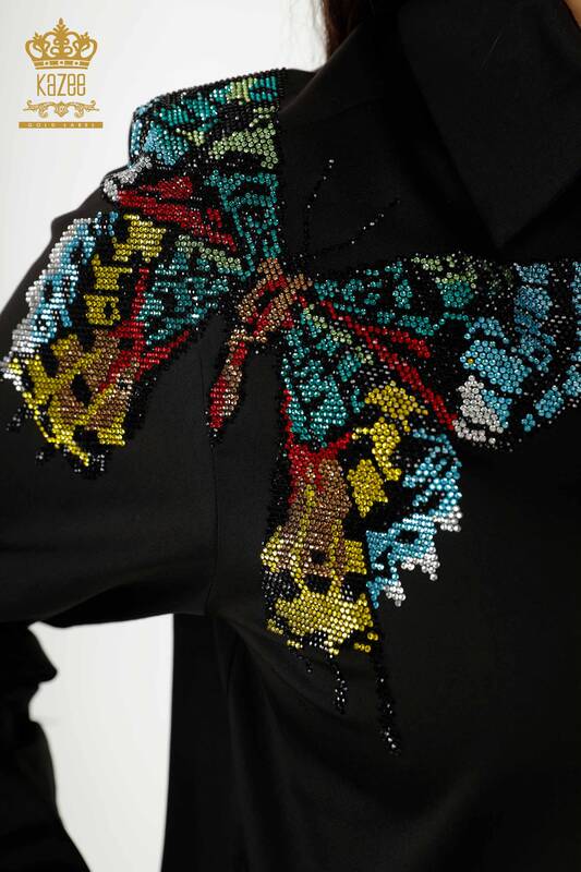 Großhandel Damenhemd - Schmetterlings Muster - Schwarz - 20235 | KAZEE