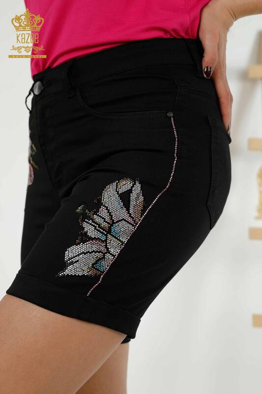 Großhandel Damen Shorts - Schmetterlingsmuster - Schwarz - 3525 | KAZEE