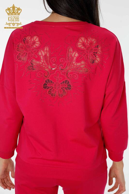 Großhandel Damen Trainingsanzug Set Blumenmuster Fuchsia - 17464 | KAZEE