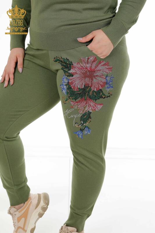 Großhandel Damen Trainingsanzug Set Blumenmuster Khaki - 16522 | KAZEE