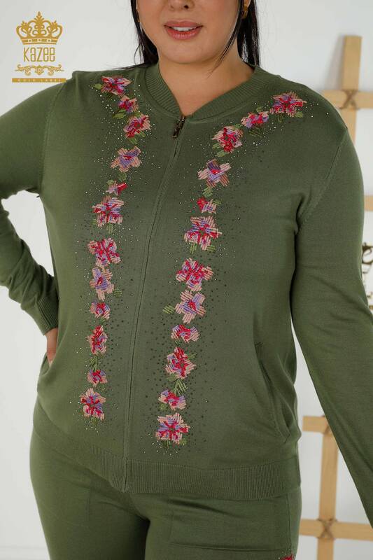 Großhandel Damen-Trainingsanzug-Set – Blumenmuster – Khaki – 16658 | KAZEE