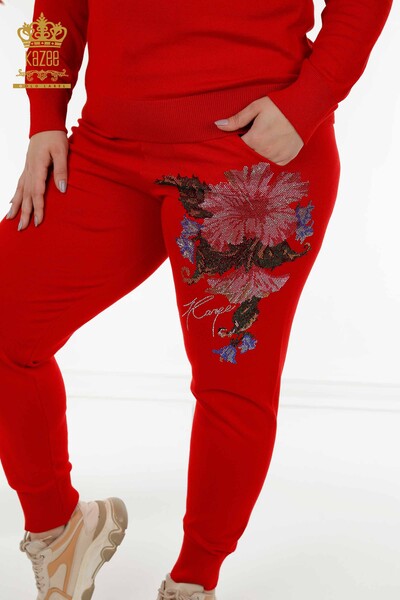 Großhandel Damen Trainingsanzug Set Blumenmuster Rot - 16522 | KAZEE - Thumbnail