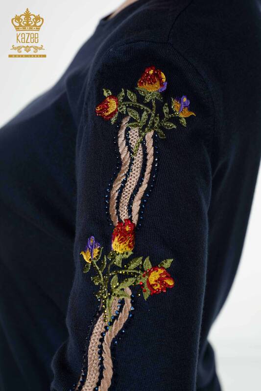 Großhandel Damen Trainingsanzug Set Buntes Blumenmuster Marineblau - 16528 | KAZEE