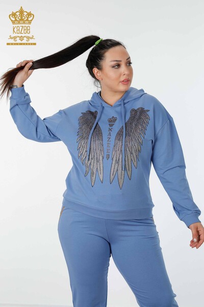 Großhandel Damen Trainingsanzug Set - Engel Flügelmuster - Blau - 17481 | KAZEE - 2