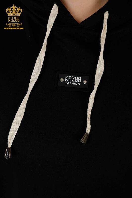 Großhandel Damen Trainingsanzug Set - Gestreift Mit Kapuze Schwarz Weiß - 17543 | KAZEE