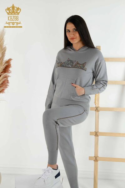 Großhandel Damen Trainingsanzug Set - Katzenmuster - Grau - 16675 | KAZEE - Thumbnail