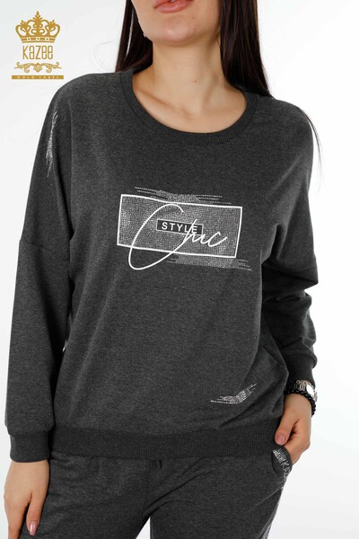Großhandel Trainingsanzug-Set für Damen - Kristall Stein Bestickt - Anthrazit - 17461 | KAZEE - 3
