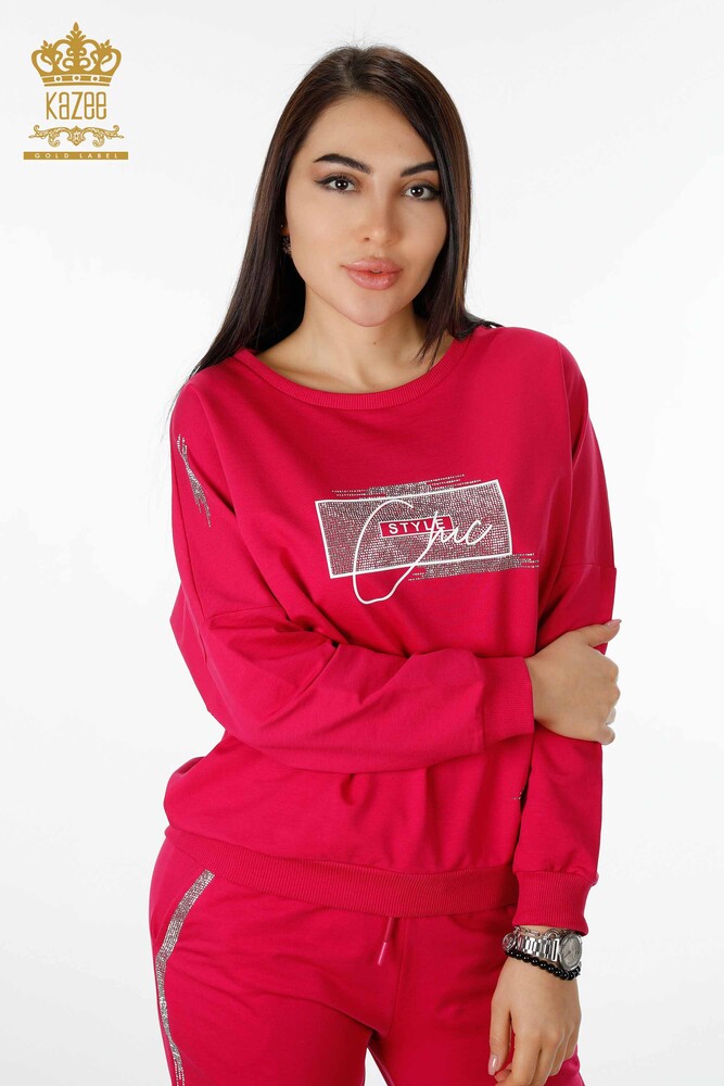 Großhandel Damen-Trainingsanzug-Set – Kristall Stein bestickt Fuchsia – 17461 | KAZEE - 2