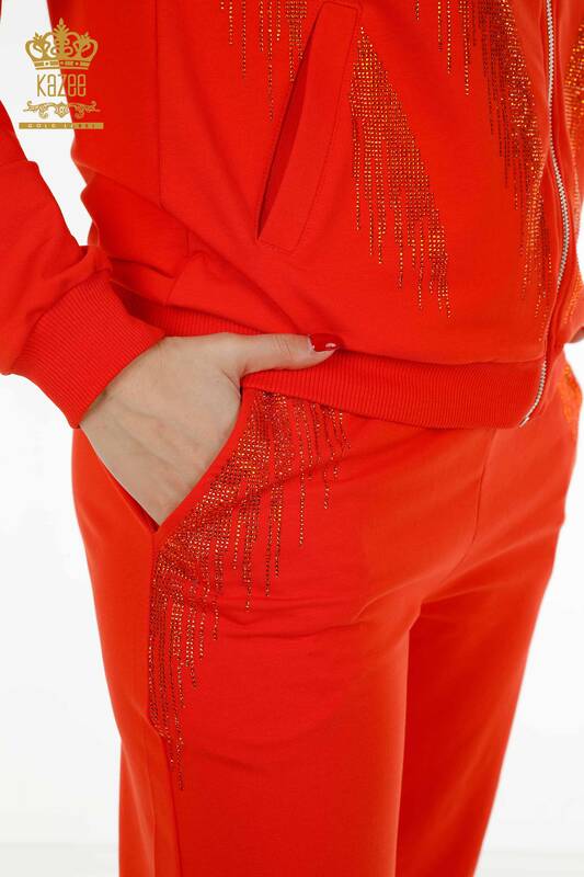 Großhandel Damen Trainingsanzug Set Kristall Stein Bestickt - Oranj - 17496 | KAZEE