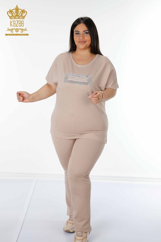 Großhandel Damen Trainingsanzug Set - Kurzarm - Beige - 17389 | KAZEE - 1