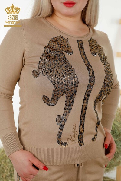 Großhandel Damen Trainingsanzug Set - Leoparden muster - Beige - 16521 | KAZEE - Thumbnail