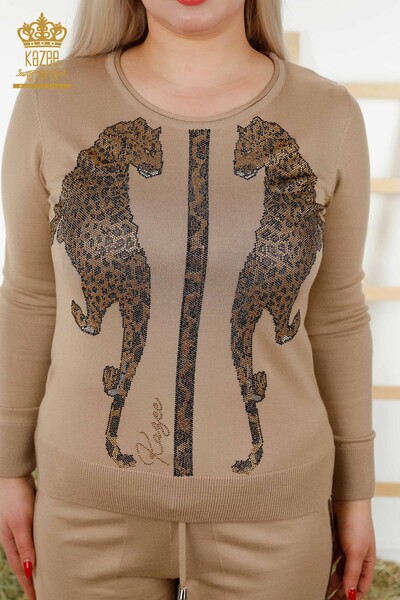Großhandel Damen Trainingsanzug Set - Leoparden muster - Beige - 16521 | KAZEE - Thumbnail
