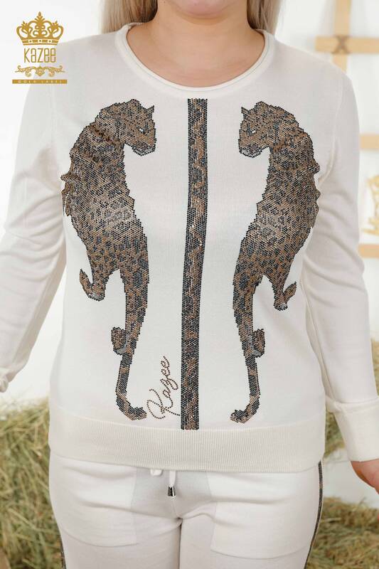 Großhandel Damen Trainingsanzug Set - Leoparden muster - Ecru - 16521 | KAZEE