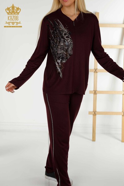 Großhandel Damen-Trainingsanzug-Set - Leopardenmuster - Pflaume - 16660 | KAZEE - 3