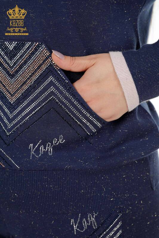 Großhandel Damen Trainingsanzug Set - Mit Kapuze Taschen - Marineblau - 16453 | KAZEE