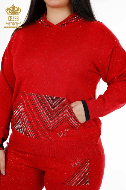 Großhandel Damen Trainingsanzug Set Mit Kapuze Taschen - Rot - 16453 | KAZEE