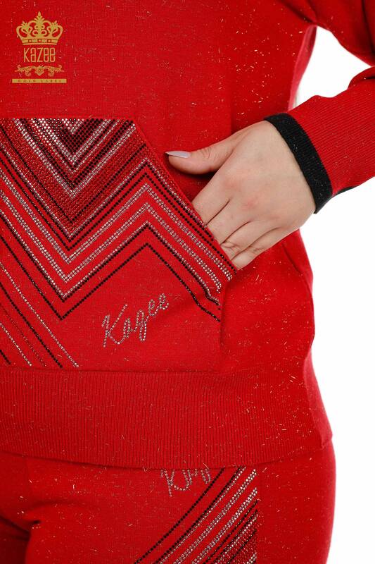 Großhandel Damen Trainingsanzug Set Mit Kapuze Taschen - Rot - 16453 | KAZEE