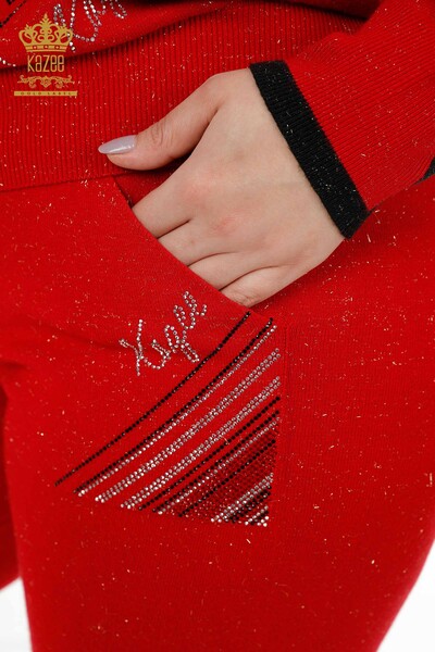 Großhandel Damen Trainingsanzug Set Mit Kapuze Taschen - Rot - 16453 | KAZEE - Thumbnail