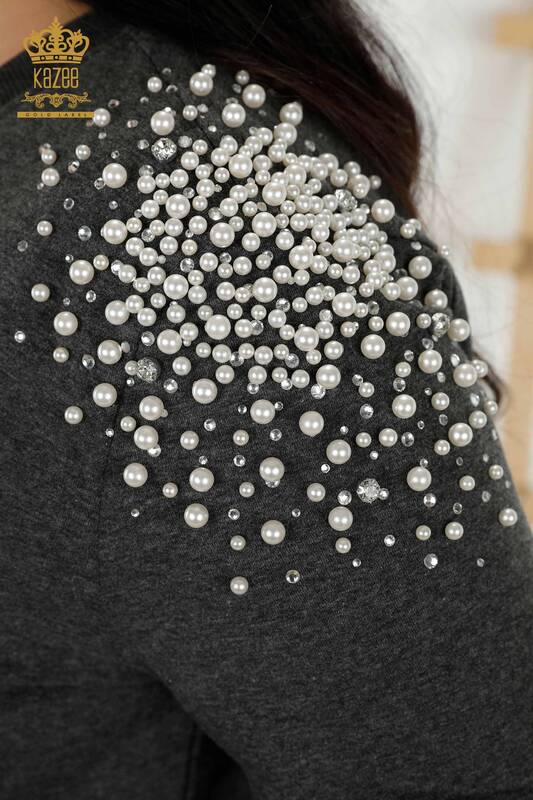 Großhandel Damen Trainingsanzug Set - Perlen Stein bestickt - Anthrazit - 17536 | KAZEE