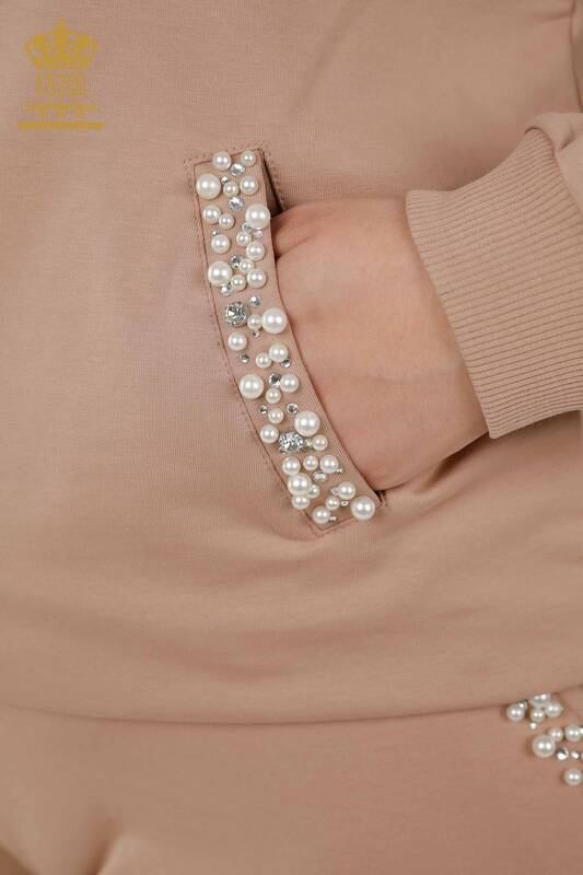 Großhandel Damen Trainingsanzug Set - Perlen Stein bestickt - Beige - 17536 | KAZEE