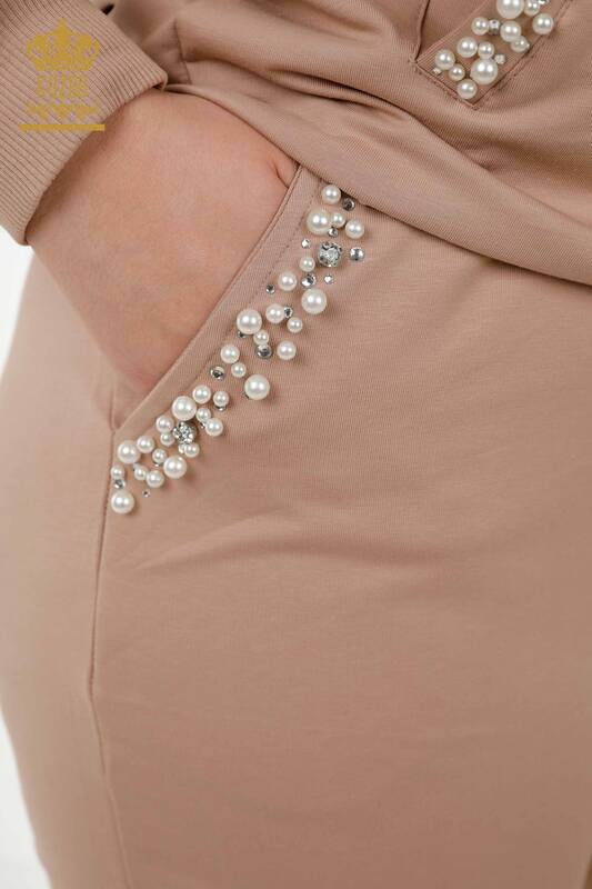 Großhandel Damen Trainingsanzug Set - Perlen Stein bestickt - Beige - 17536 | KAZEE