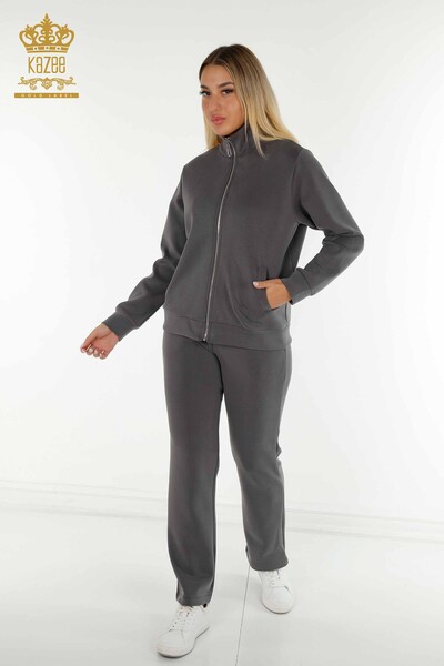 Großhandel Damen-Trainingsanzug-Set - Reißverschluss - Grau - 17619 | KAZEE 