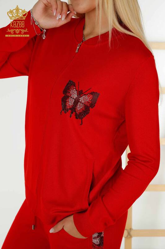 Großhandel Damen-Trainingsanzug-Set - Schmetterlings Muster - Rot - 16678 | KAZEE