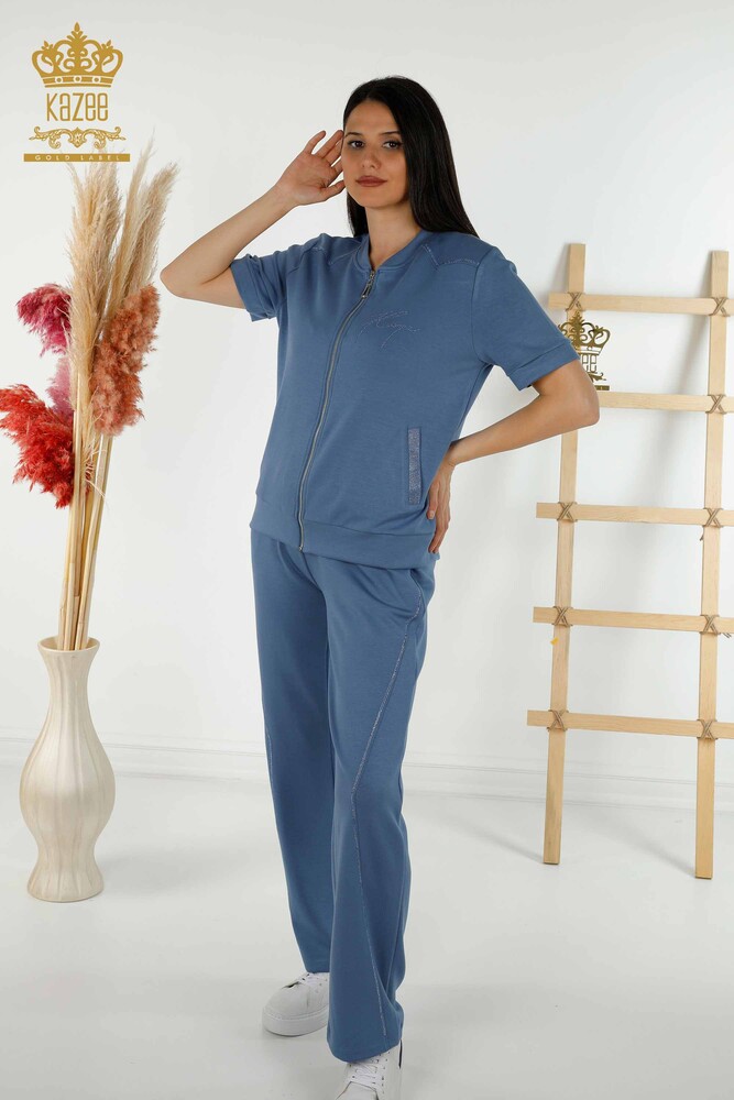 Großhandel Damen-Trainingsanzug-Set - Stein bestickt - Indigo – 17549 | KAZEE - 1