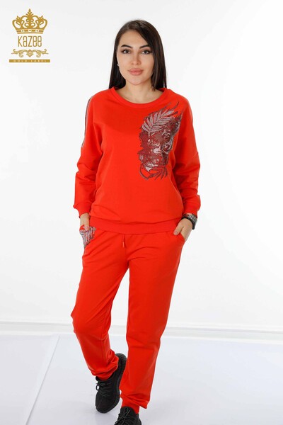 Großhandel Damen Trainingsanzug Set - Tiger Detail - Orange - 17459 | KAZEE 