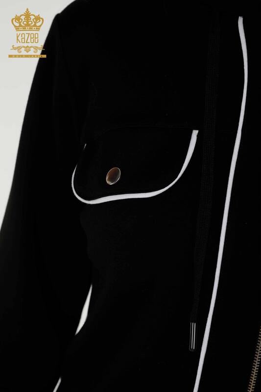 Großhandel Damen-Trainingsanzug-Set - Zwei Taschen Details - Schwarz Ecru - 17595 | KAZEE