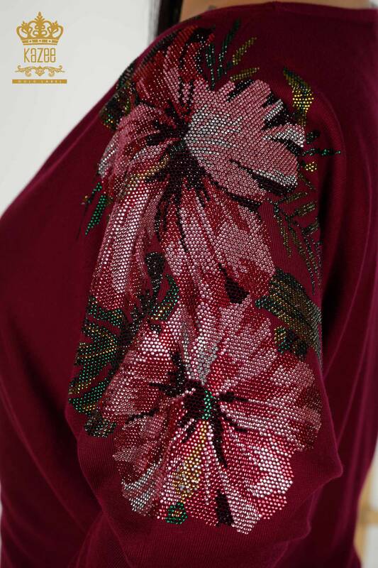 Großhandel Damen Strickpullover - Schulter Blumen detail - Lila – 16133 | KAZEE