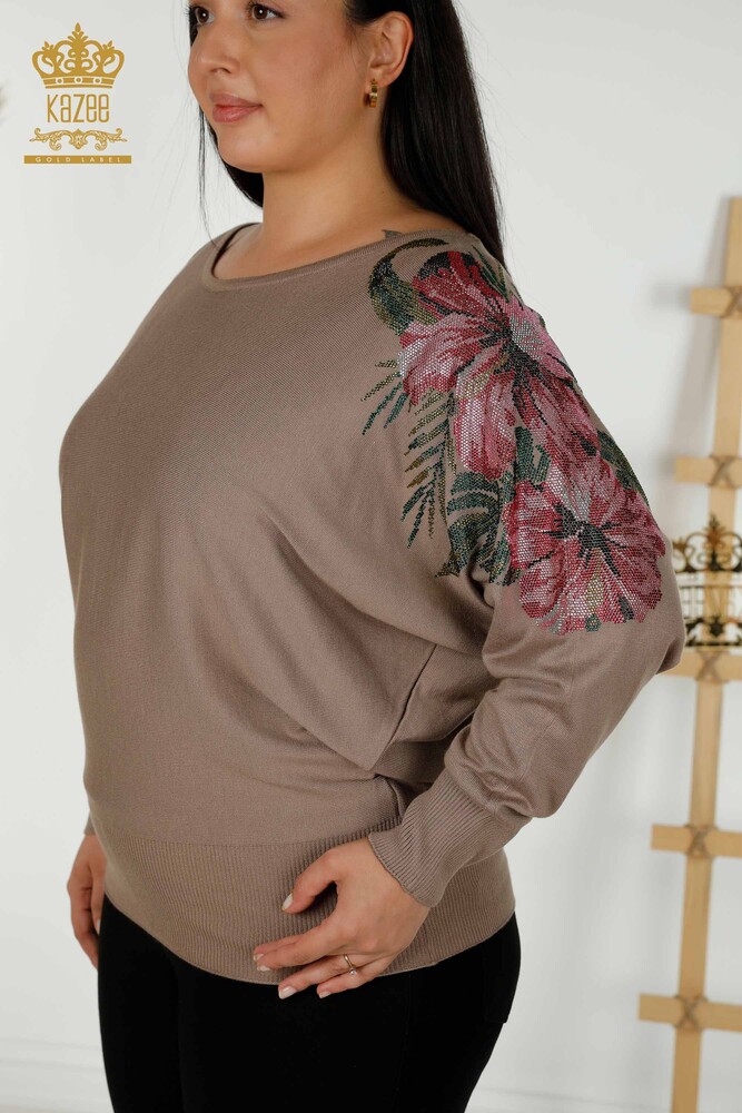 Großhandel Damen Strickpullover - Schulter Blumen detail - Nerz - 16133 | KAZEE - 2