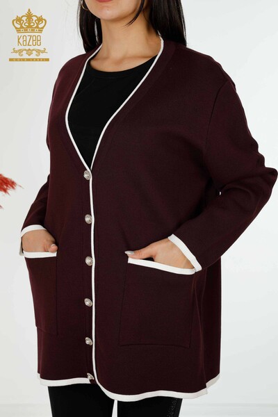 Großhandel Damen Strickjacke - Geknöpft Tasche Pflaume - 30148 | KAZEE - 2
