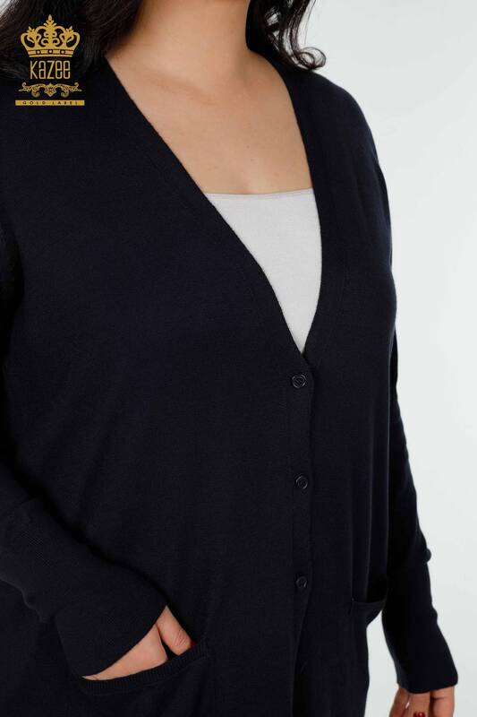 Großhandels-Damen-Strickjacke - Tasche Detaillierte - Marineblau - 15802 | KAZEE
