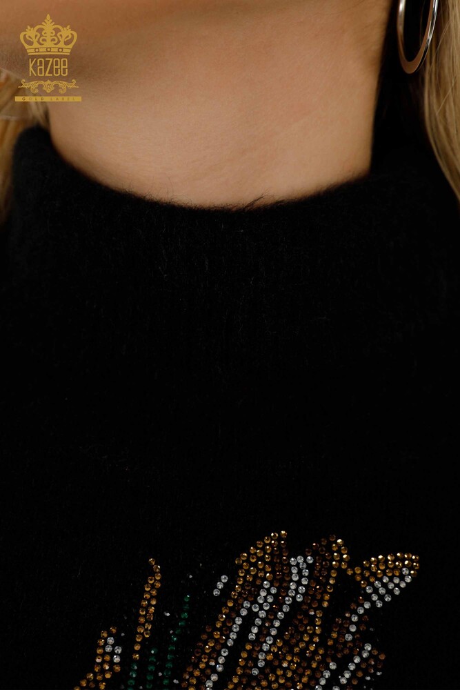 Großhandel Damen-Strickpullover - Angora - Stein bestickt - Schwarz - 18899 | KAZEE - 5