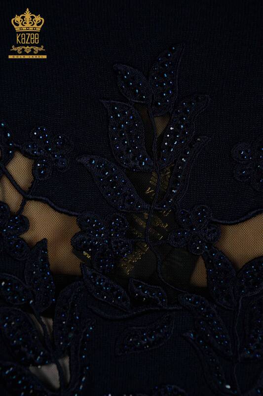 Großhandel Damen-Strickpullover - Ärmel Rose detailliert - Marineblau - 15374 | KAZEE
